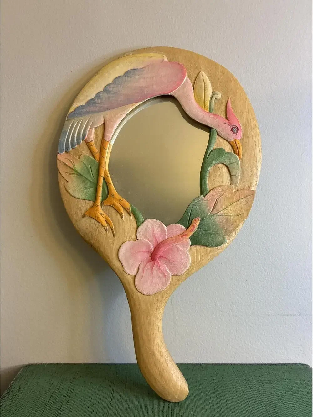 Vintage Hand Carved Flamingo Hibiscus Wood Vanity Mirror Tropical Decor